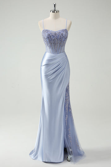 Light Blue Mermaid Ruched Corset Long Prom Dress with Appliqued Beading